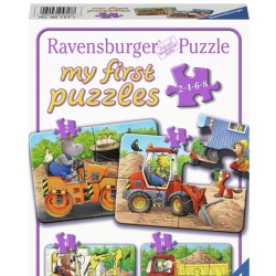 Sjovt puslespil med byggepladsdyr i arbejde.