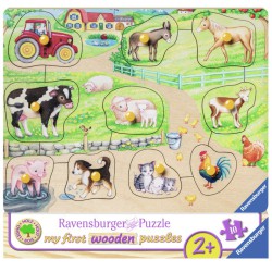 Let puslespil med bondegårdsdyr og gårdhygge.