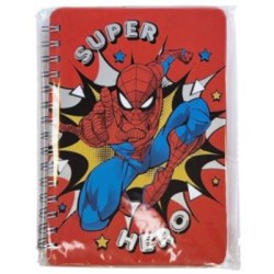 Rød A5 notesbog med Spider-Man-motiv.