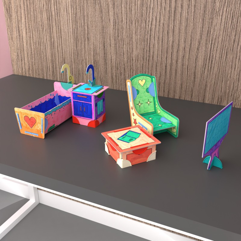 DollsWalls Designer Combo Badeværelse og TV-stue med 12 tusser