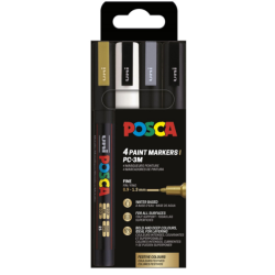 POSCA PC-3M 4 pak Guld, sølv, sort og hvid
