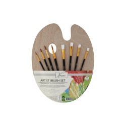 Penselsæt på træpalette til alsidig og kreativ maling.