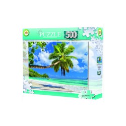 Et 500-brikkers puslespil med et tropisk strandmotiv.