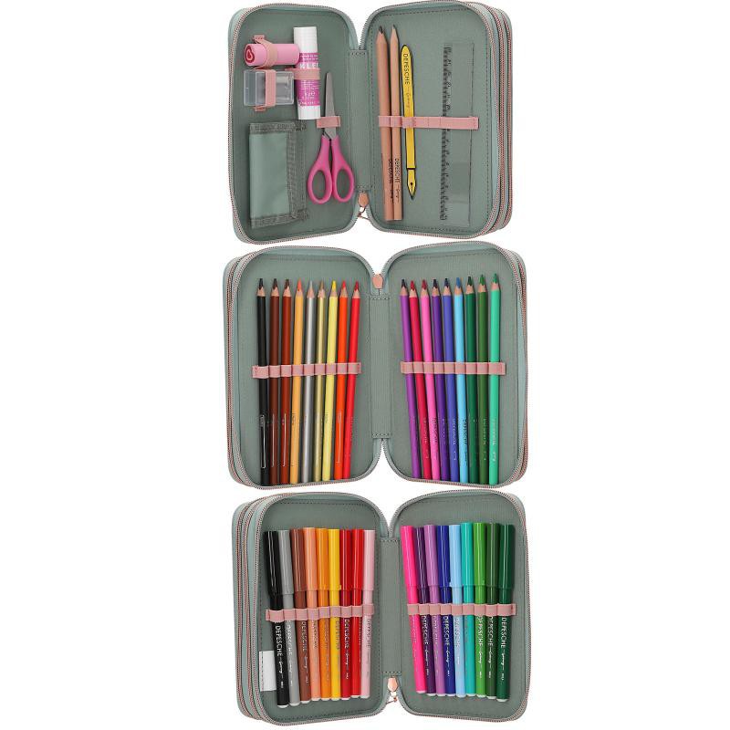 Trippel penalhus med blyanter og tuscher