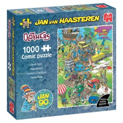 Jan van Haasteren Oldtimers Parcel Panic – puslespil med 1000 brikker og humoristisk motiv.