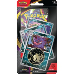 Pokémon ME05 Premium Checklane Blister med Gengar-promokort, mønt og boosterpakke.