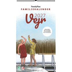 Familiekalender VEJR 2027 til 5 personer med farverige illustrationer inspireret af familier i det danske vejr.