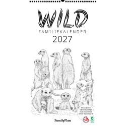 Familiekalender WILD 2027 til 5 personer med charmerende sort/hvide illustrationer af vilde dyr.