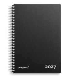 Mayland Timekalender 2027 med sort PP-plastomslag, dag pr. side og timeinddeling kl. 00-23.