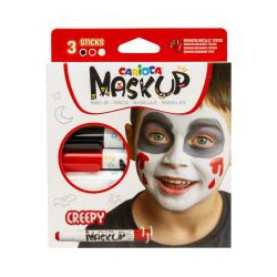 Carioca MaskUP Creepy makeupsæt med 3 store twistpenne til ansigtsmaling og trin for trin-vejledning.