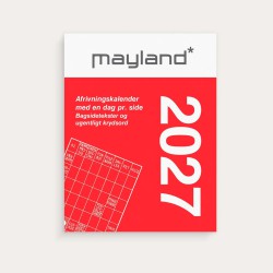 Mayland broderikalender 2027 med split, afrivningssider, bagsidetekster og ugentligt krydsord.