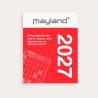 Mayland broderikalender 2027 med split, afrivningssider, bagsidetekster og ugentligt krydsord.