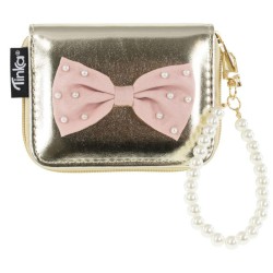 Tinka Wallet guld pung med dekorativ sløjfe og elegant perlevedhæng.