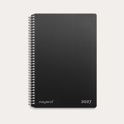 Sort 2-dages-kalender 2027 med spiralbinding og hårdt PP-plastomslag.