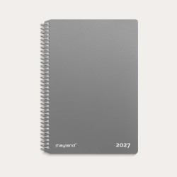 Grå ugekalender 2027 i tværformat med spiralbinding og praktisk notatside.