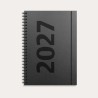 A5 ugekalender 2027 i højformat med matsort omslag i kraftigt genbrugskarton.