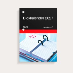 Blokkalender refill 2027 med dag pr. opslag, timeinddeling kl. 8-18 og månedsoversigt.