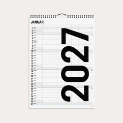 Black and White familiekalender 2027 med måned pr. side og 7 kolonner til familiens aftaler.