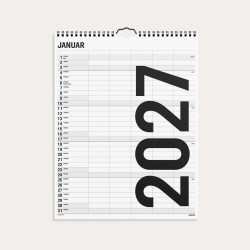 Black and White familiekalender 2027 med måned pr. side og 5 kolonner til familiens planer.