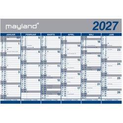 Kæmpekalender 2027 i papir med 2 × 6 måneders oversigt, leveret i paprør.