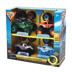 Monster Jam Mechanix 1:43 Build N ReBuild 4-pak med trucks til at bygge, skille ad og samle igen.