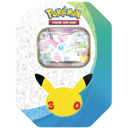 Pokémon Mega Evolution: 30th Celebration Collector's Tin med Sylveon ex foil-promokort og 4 booster packs.
