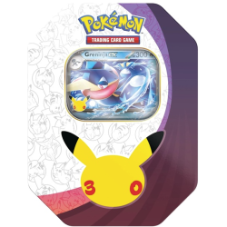 Pokémon Mega Evolution: 30th Celebration Collector's Tin med Greninja ex foil-promokort og 4 booster packs.