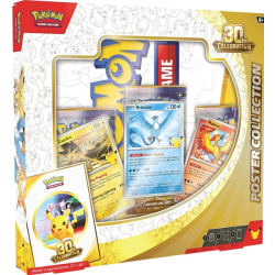 Pokémon Mega Evolution: 30th Celebration Poster Collection med 3 booster packs, 3 foil-promokort og dobbeltsidet plakat.