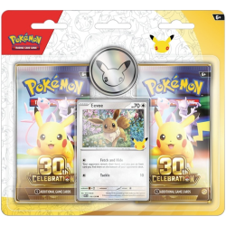 Pokémon Mega Evolution: 30th Celebration Eevee 2-Pack Blister med 2 booster packs, Eevee foil-kort og jubilæumsmønt.