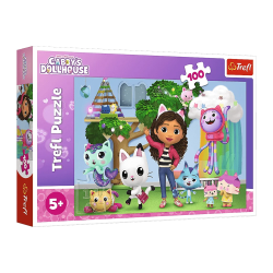 Gabby’s Dollhouse puslespil med 100 brikker og farverigt motiv med Gabby og de populære figurer fra serien.