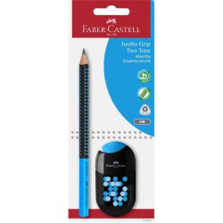 Faber-Castell Jumbo Grip Two Tone HB grafitblyant i sort og blå med dobbelt blyantspidser og ergonomisk Soft-Grip-zone.