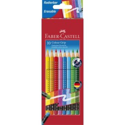Faber-Castell Colour Grip udviskelbare farveblyanter i assorterede farver med viskelæder, trekantet form og Grip-zone.
