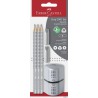 Faber-Castell Grip 2001 Trio sølv med 3 grafitblyanter B, 2 viskelæderhætter og Grip Trio blyantspidser.
