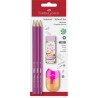 Faber-Castell skolesæt med 3 HB grafitblyanter, Happy Jungle viskelæder og blyantspidser i blisterpakning.