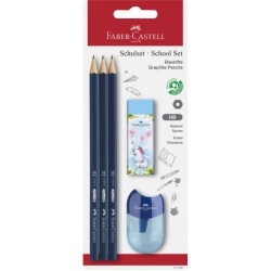 Faber-Castell skolesæt med 3 HB grafitblyanter, Happy Jungle viskelæder og blyantspidser i blisterpakning.