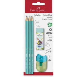 Faber-Castell skolesæt med 3 HB grafitblyanter, Happy Jungle viskelæder og blyantspidser i blisterpakning.