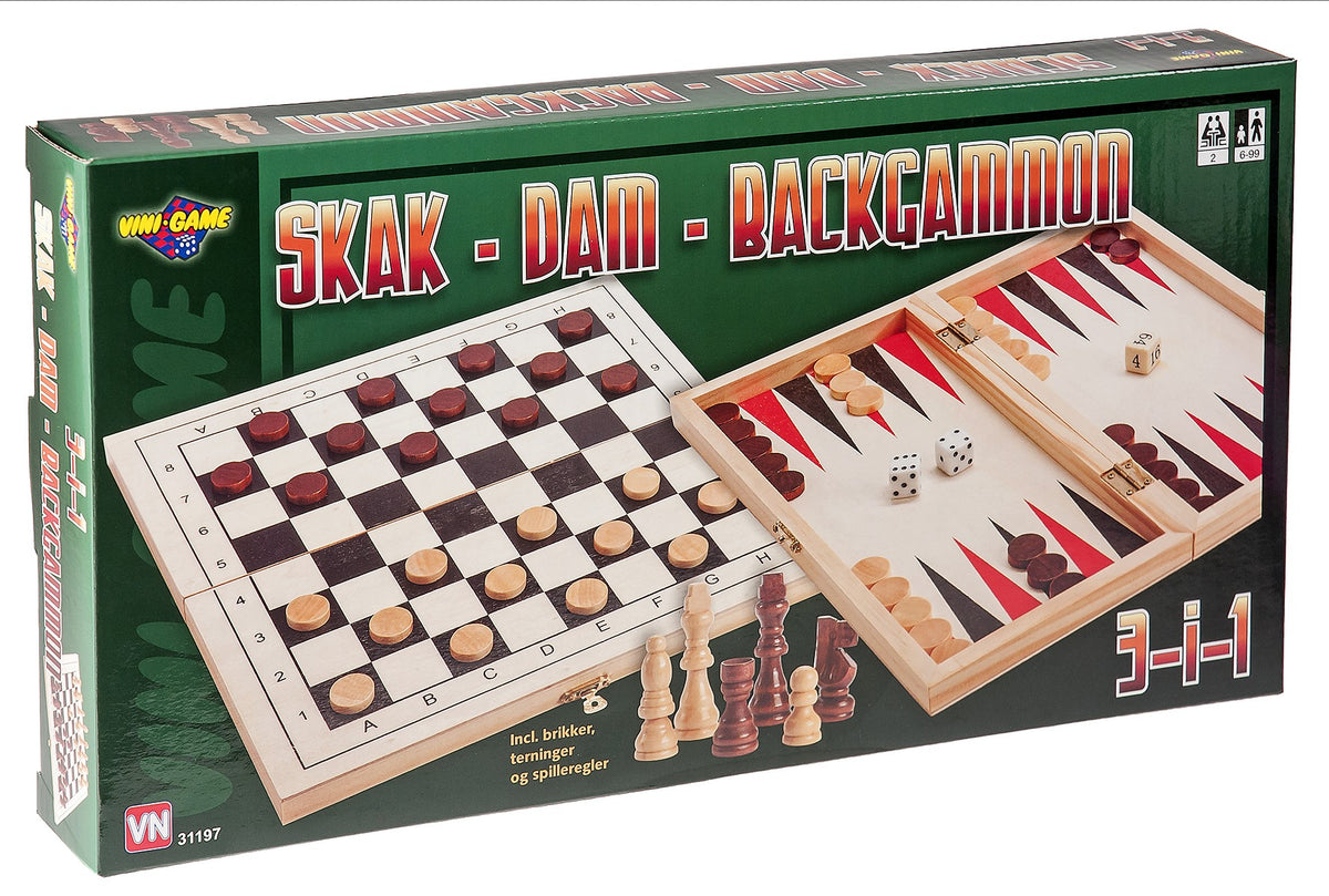 VINI 3-i-1 Skak, Dam & Backgammon i Træ – 3 Klassiske Spil 31197