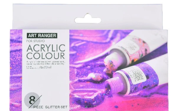 Art Ranger Akrylmaling sæt 8stk. 22ml glitter farver