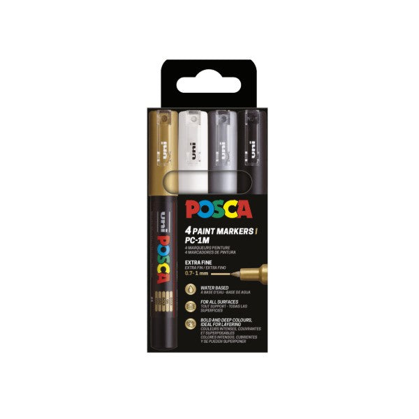 POSCA PC1M 4 pak med guld, sølv, hvis og sort
