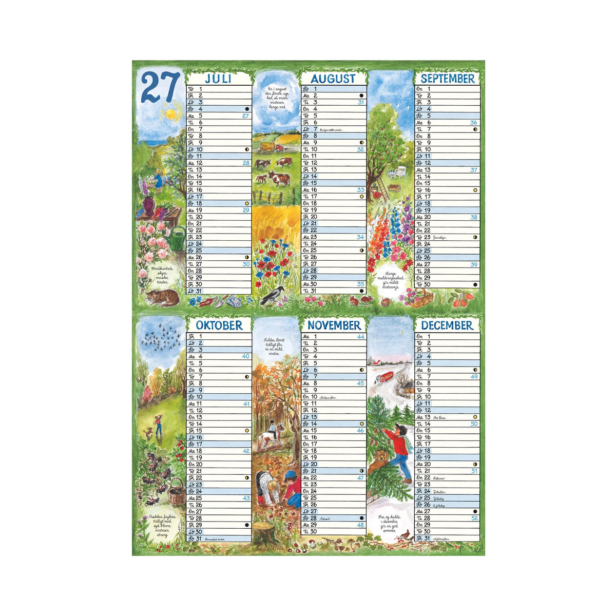 Plakatkalender 2027 Hvert ark er 50x70 cm og viser et halvår på hvert ark