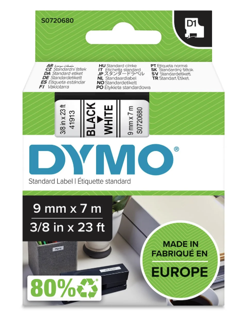 DYMO D1 Tape 9 mm x 7 m – Sort på hvid